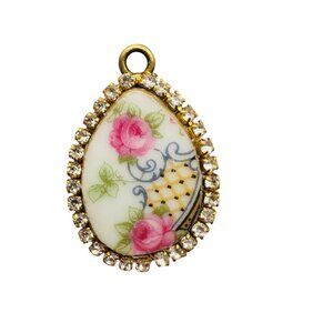 Vintage Bavaria Teardrop Porcelain Pendant With Pink Roses & Rhinestone Trim